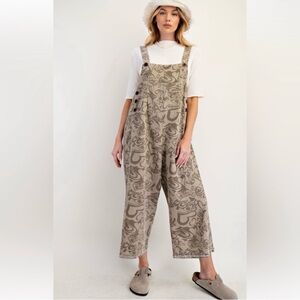 NEW - Easel Olive/Tan Abstract Heart Denim Overalls